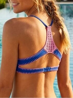 Victoria's Secret Crochet Trim Bralette Bikini Blue Pink Top